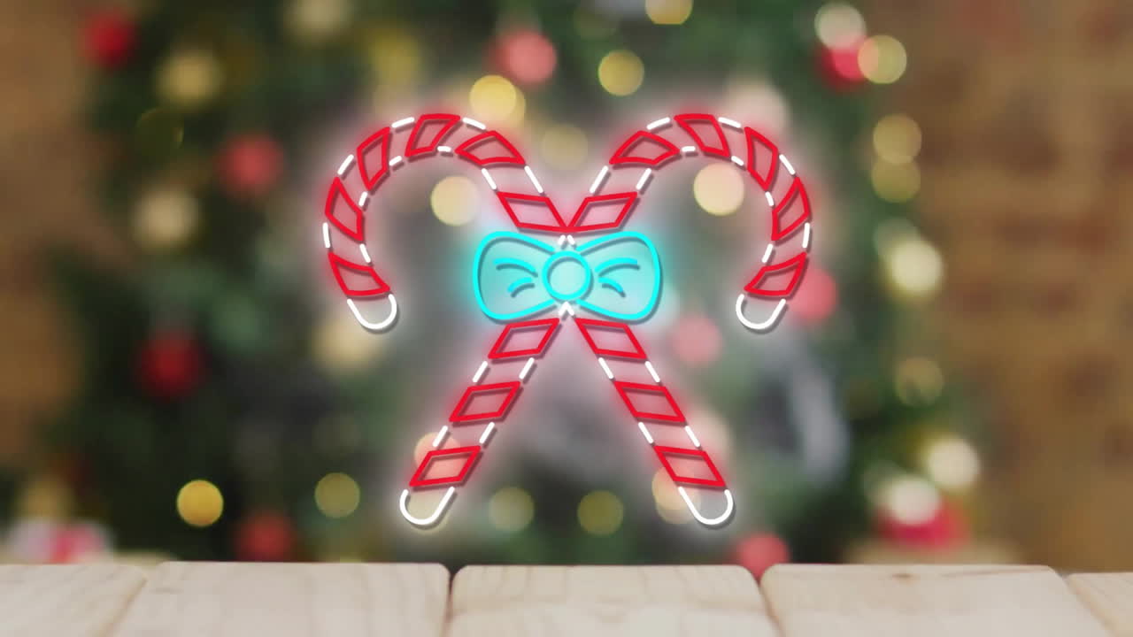 Animation of candy canes over christmas tree