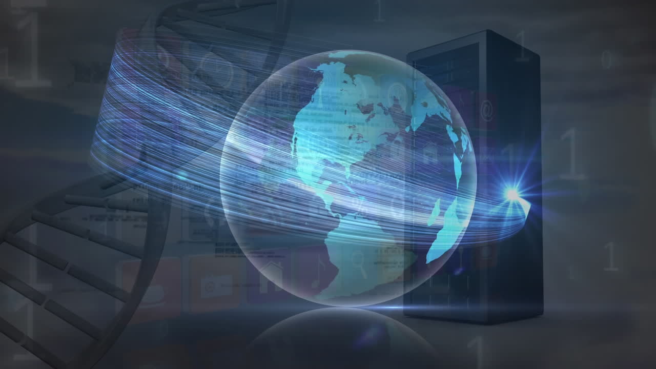 Animazione di curva colorata, bagliore dell'obiettivo attorno a un globo su elica di DNA, linguaggio informatico e CPU.