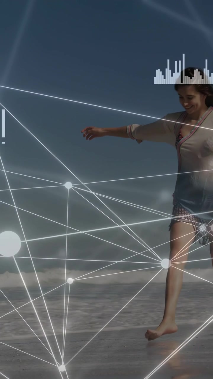 Vertical video: Woman stepping on beach, starting tech nodes and bars around her showing data