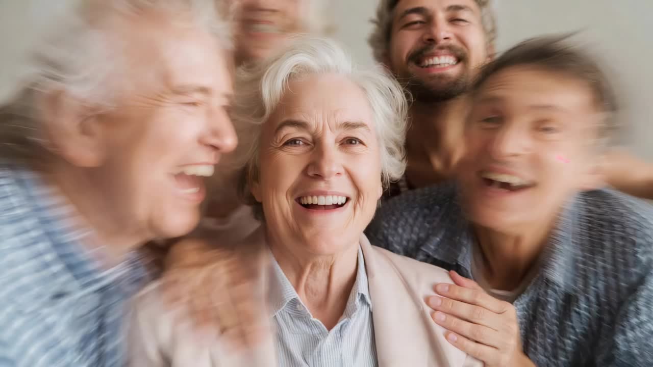 Camera starting, family posing for portrait at wall, hands resting on senior shoulders in blazer