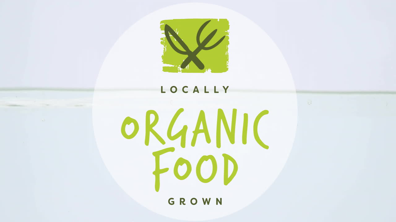 녹색 포크와 잎이 있는 색 바탕에 지역적으로 재배된 유기식품 애니메이션