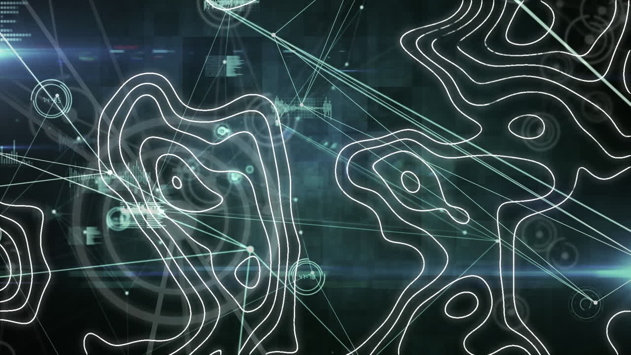 animación de isohypses sobre una red de conexiones sobre fondo negro