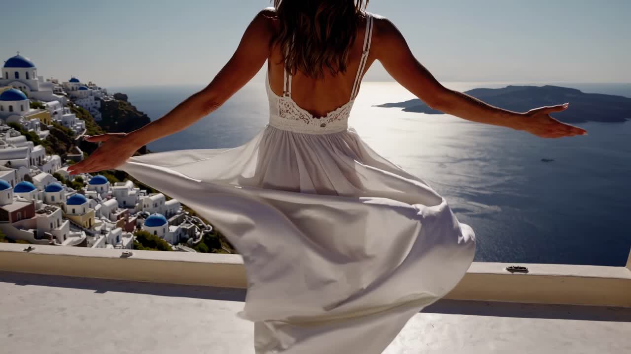 Aerial video captures a woman in a flowing white dress, arms outstretched, overlooking Santorini's