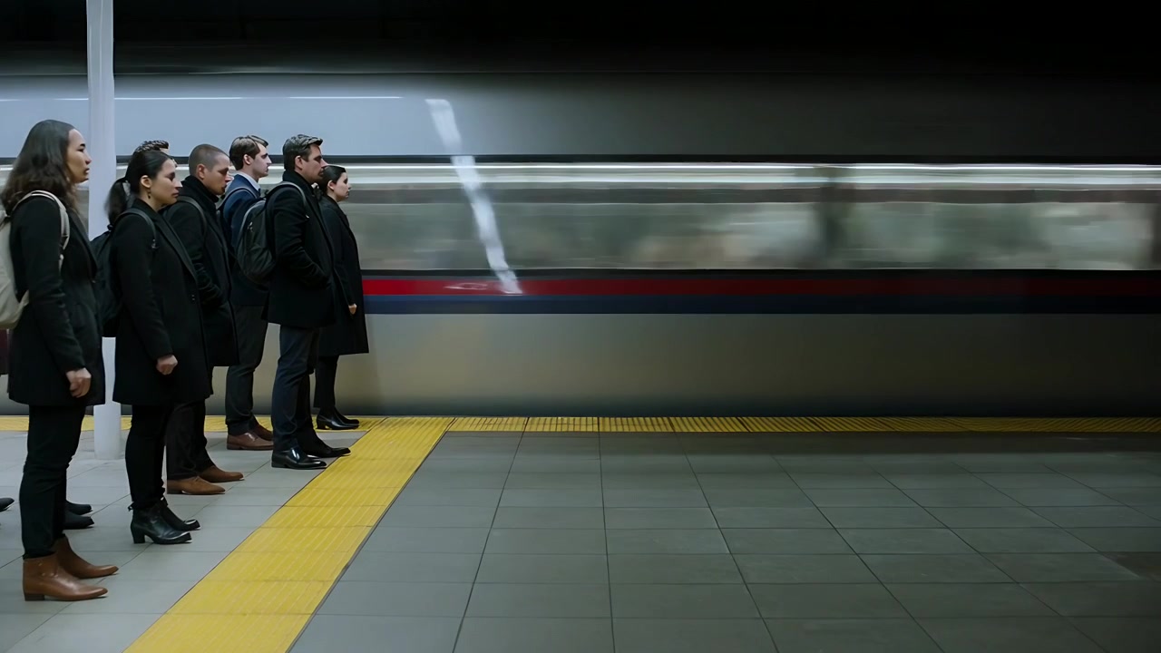 Standing commuters in coats waiting for train behind yellow strip as train entering, copy space