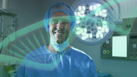 animation of dna strand over caucasian male surgeon in operation theatre