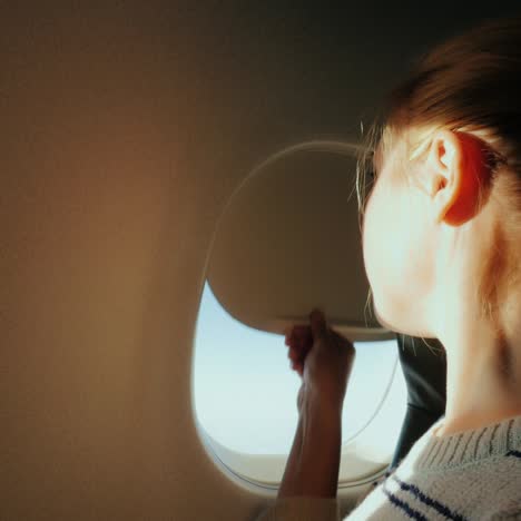 A-Female-Passenger-Looks-Out-The-Window-Of-The-Plane-To-The-City-Below