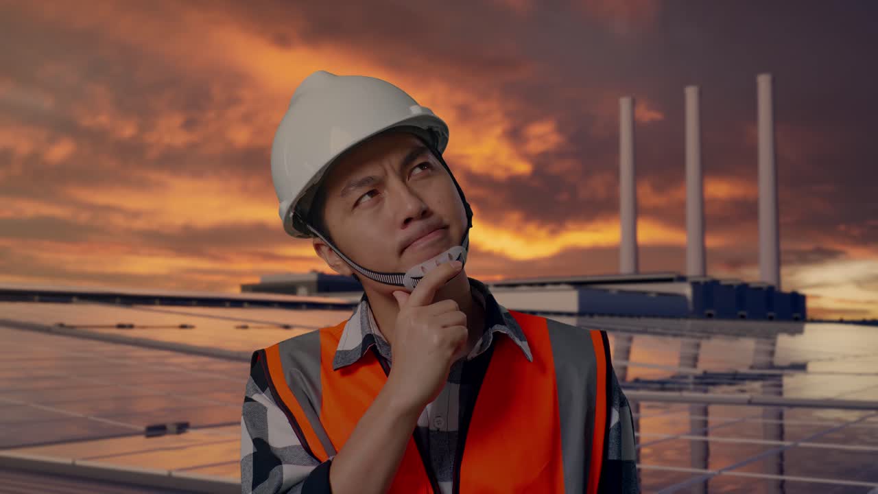 Nærbillede af asiatisk mandlig ingeniør med sikkerhedshjelm, der tænker over noget og kigger sig omkring, mens han står og inspicerer solpaneler på et tag ved solnedgang.