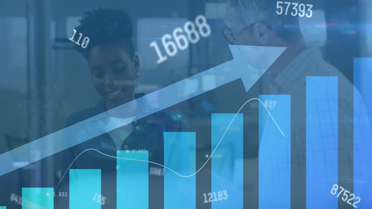 Animation of financial data and graphs over diverse coworkers in office