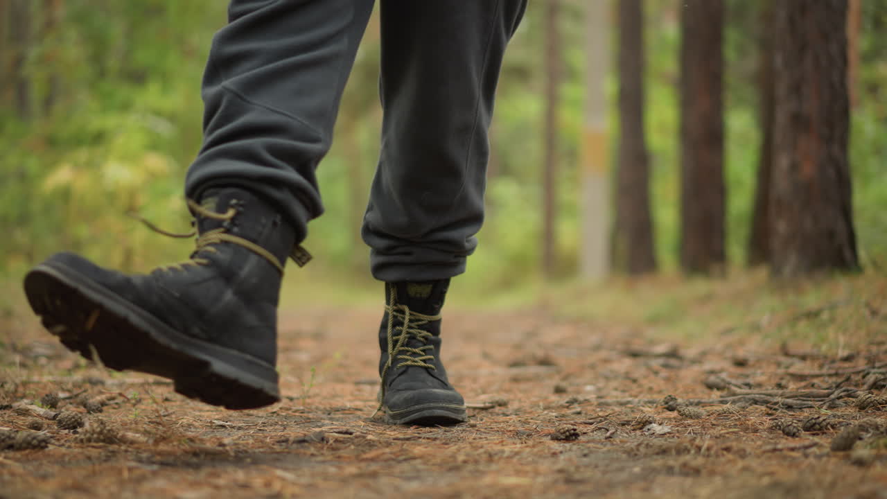 Passi robusti su terreni boschivi, escursioni energiche in fitte pinete, trail running dinamico con falcate decise su terreni naturali irregolari circondati da pini alti