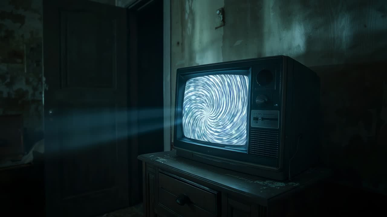 Displaying rotating spiral on vintage TV in abandoned room, light beam sliding through open door