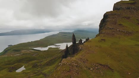 aerial shot revealing the old man of storr, isle of skye, scottish highlands, scotland, united kingdom