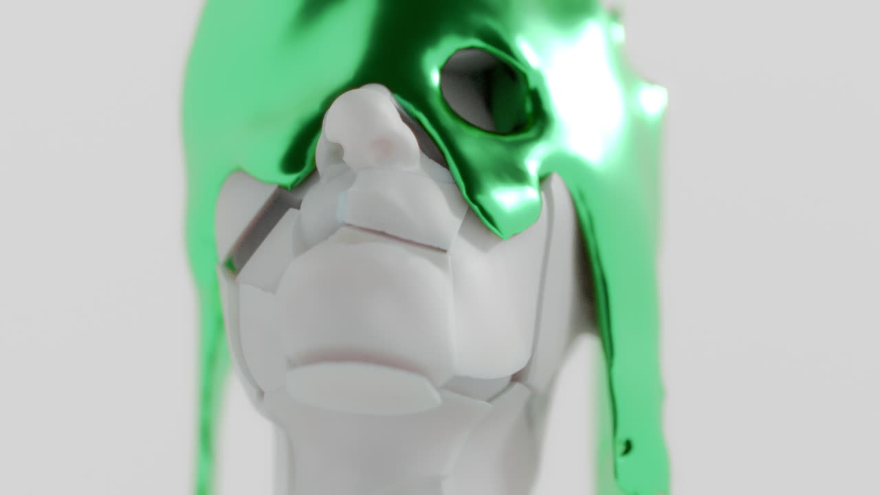 An amethyst-like liquid metal flows slowly on the sculpture