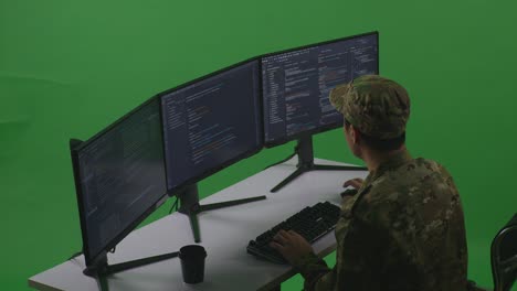 vista lateral del desarrollador soldado asiático usando la computadora para escribir código con múltiples pantallas en el estudio de pantalla verde