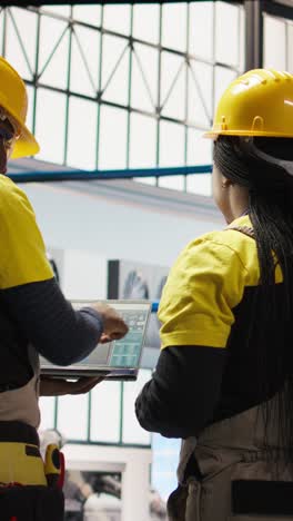vertical video smart factory engineering team using laptop to analyze iot sensors data