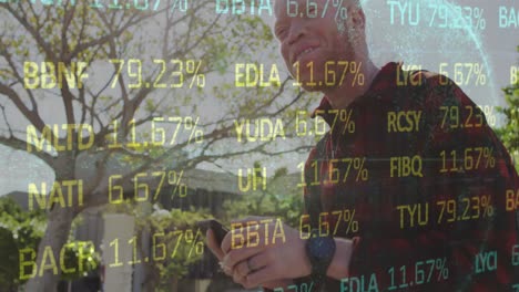 animation of stock market data moving over african american man with albino using cellphone