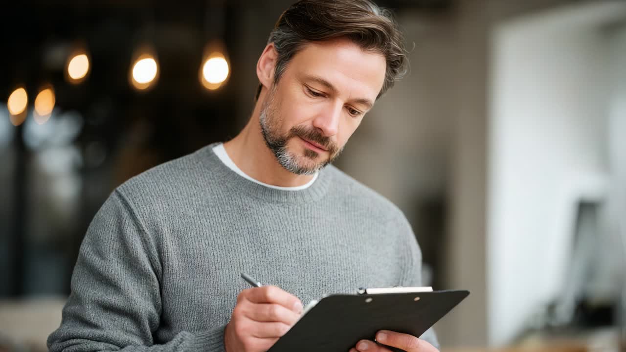 Thoughtful Man Engaged in Document Review While Taking Notes, Surrounded by Warm Ambient Lighting and a Cozy Setting, Showcasing Focused Elegance and Professionalism in a Dynamic Environment