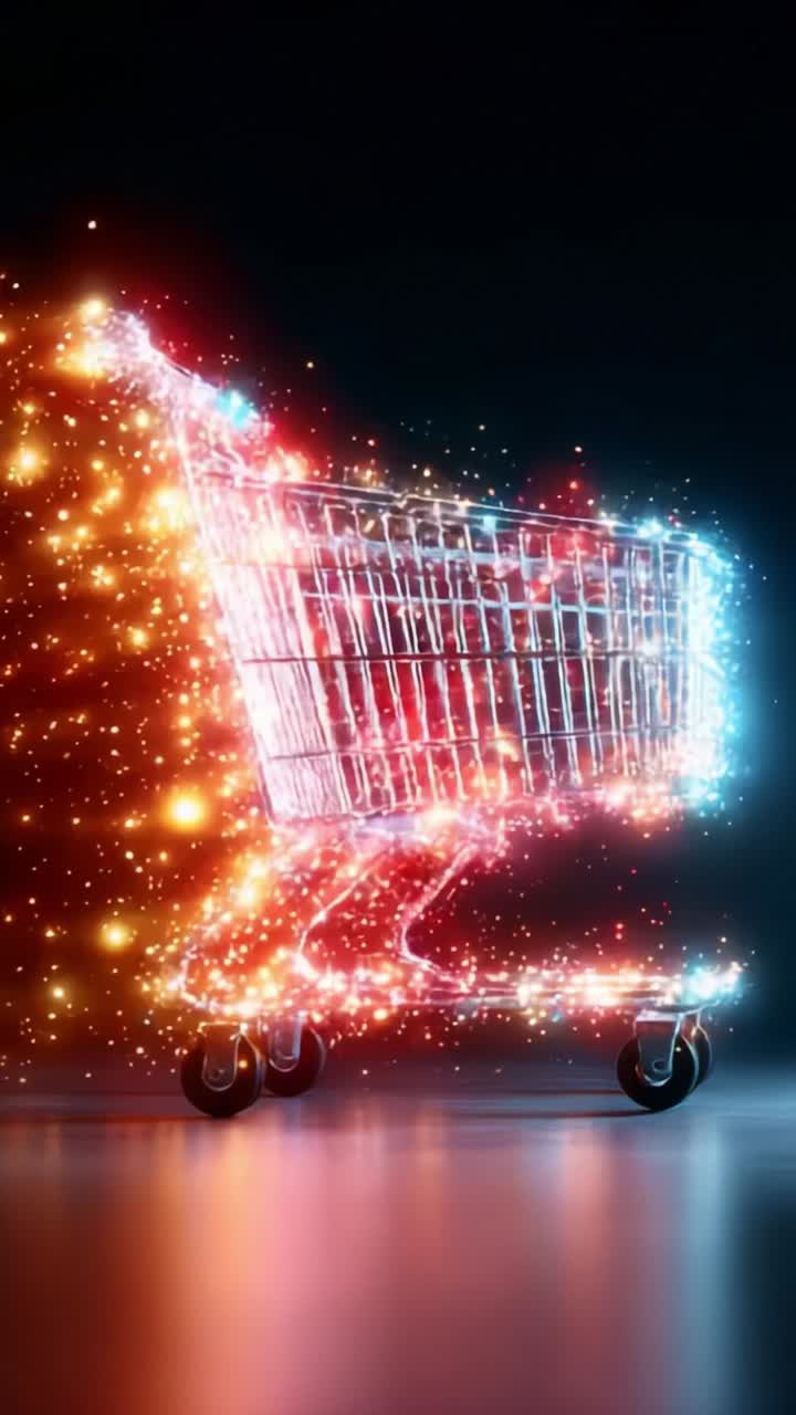 A Shimmering Shopping Cart in Motion, Illuminated with Vibrant Colors and Sparks, Capturing the Essence of Modern Retail and E-commerce Experience