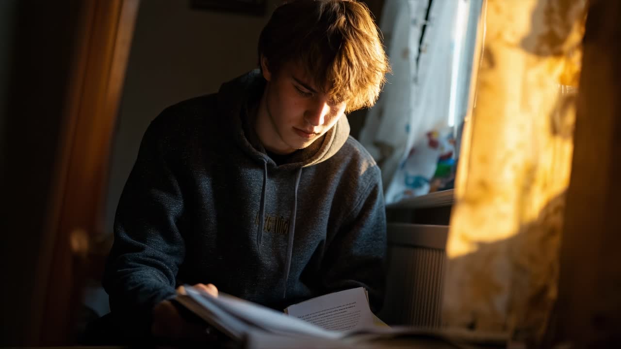 Concentrated student reading a book near a window in a sunlit room, creating a cozy and focused learning atmosphere during a productive study session