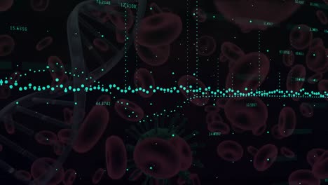 Animation-of-graph-with-numbers-over-dna-helix,-floating-red-blood-cells-and-infected-cell