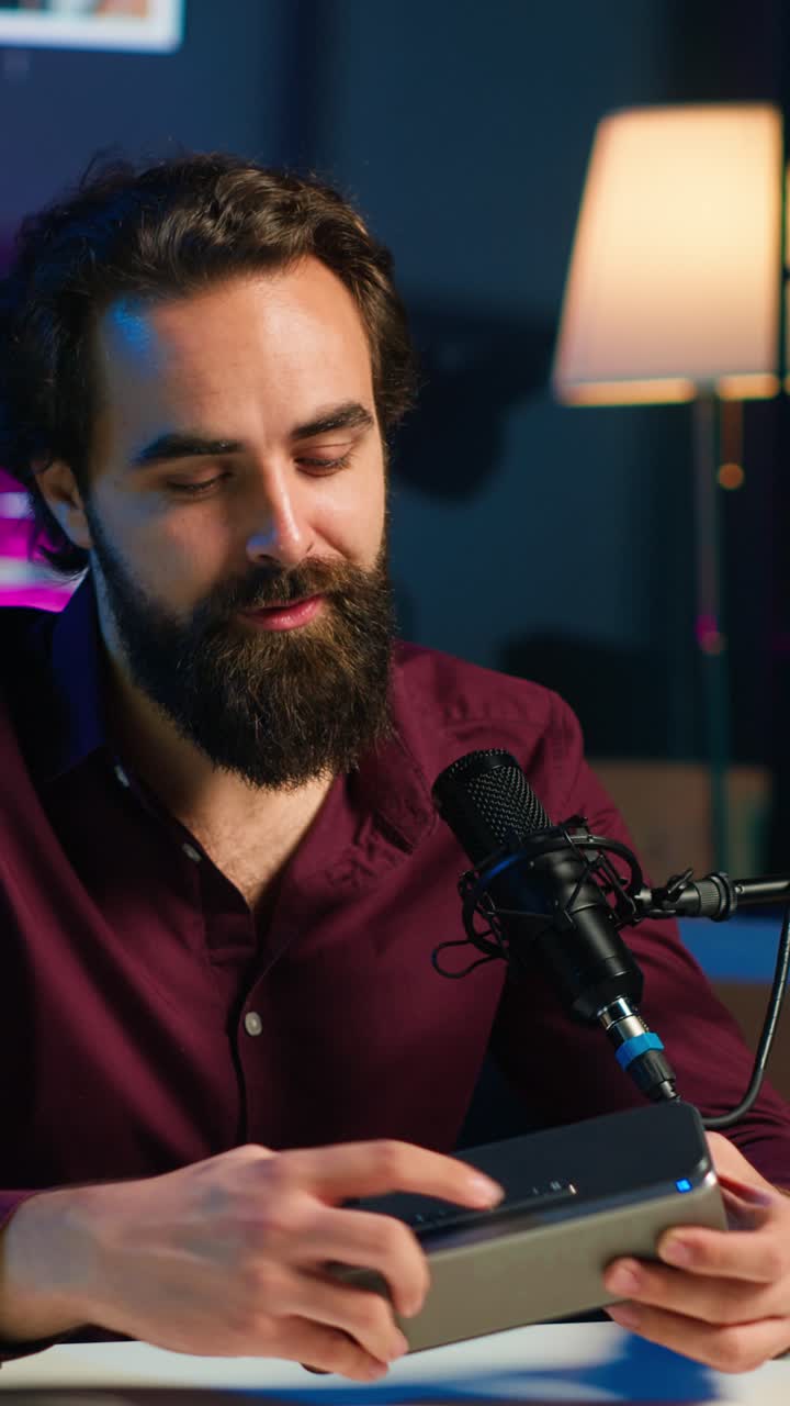 Video verticale Influencer Jolly che presenta un dispositivo per la riproduzione di musica