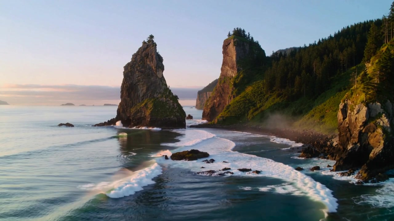 Beginning descent, drone camera approaching twin sea stacks and surf to capture closer detail
