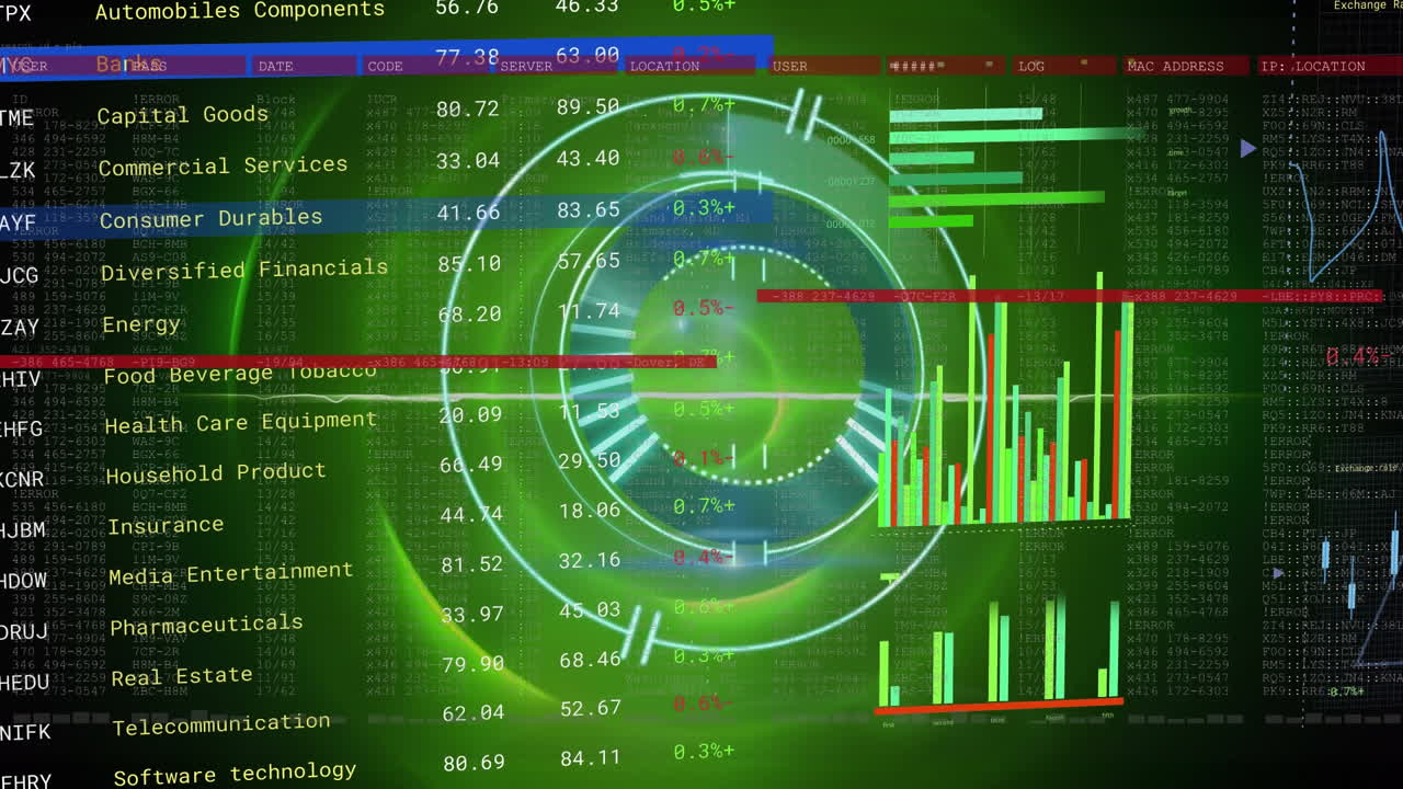 animación del escáner redondo y procesamiento de datos estadísticos contra senderos de luz verde giratorios