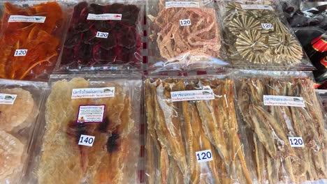 various dried foods showcased at a market stall