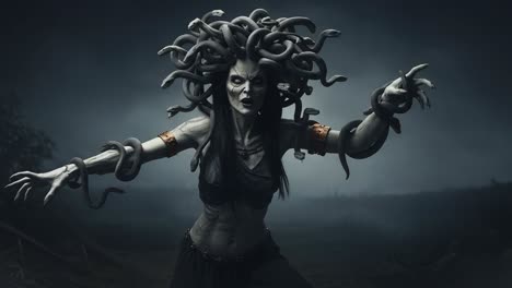 an empowering transformation: a fearless mythical figure with snake hair in a dark, mystical landscape, demonstrating strength and intrigue in every pose
