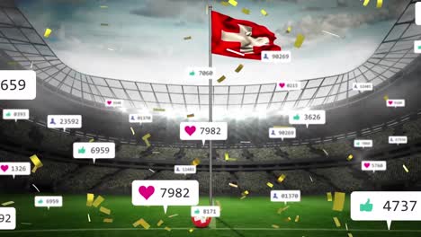 Animation-Von-Social-Media-Symbolen-Und-Konfetti,-Die-über-Die-Wehende-Schweizer-Flagge-Und-Das-Sportstadion-Fallen