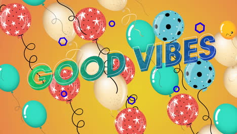 animación de las palabras buenas vibraciones en azul con globos flotantes en naranja