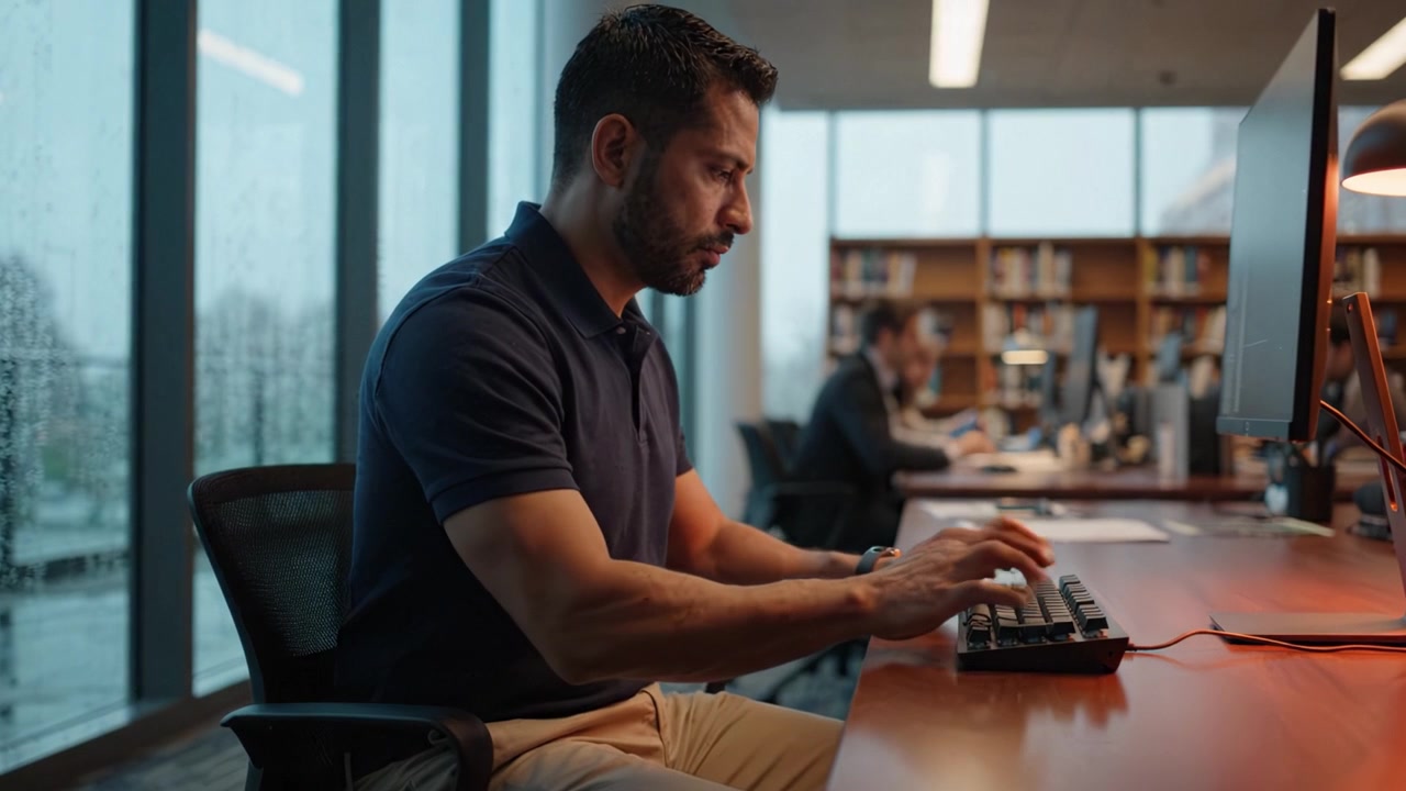 Professionista concentrato che lavora in un ambiente d'ufficio moderno, digitando sulla tastiera mentre è seduto a una scrivania circondato da finestre e colleghi sullo sfondo.