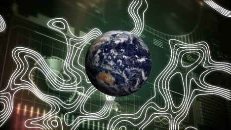 animación del globo que gira sobre la interfaz con el procesamiento de datos y la carta topográfica