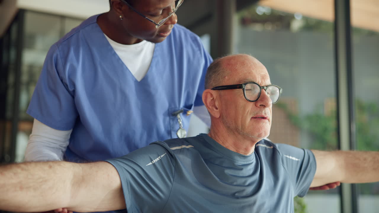 Physiotherapist Assisting Elderly Patient with Arm Stretches