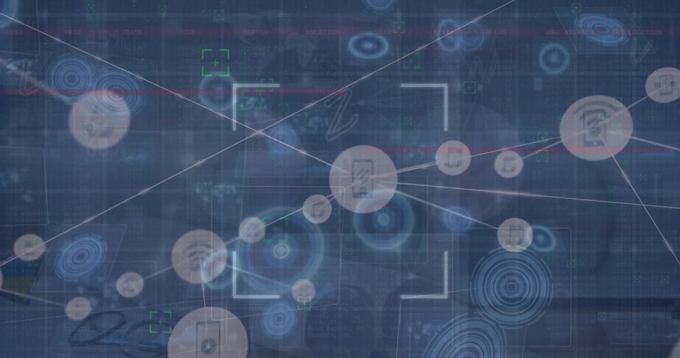 Animation of network of connections and data processing over server room