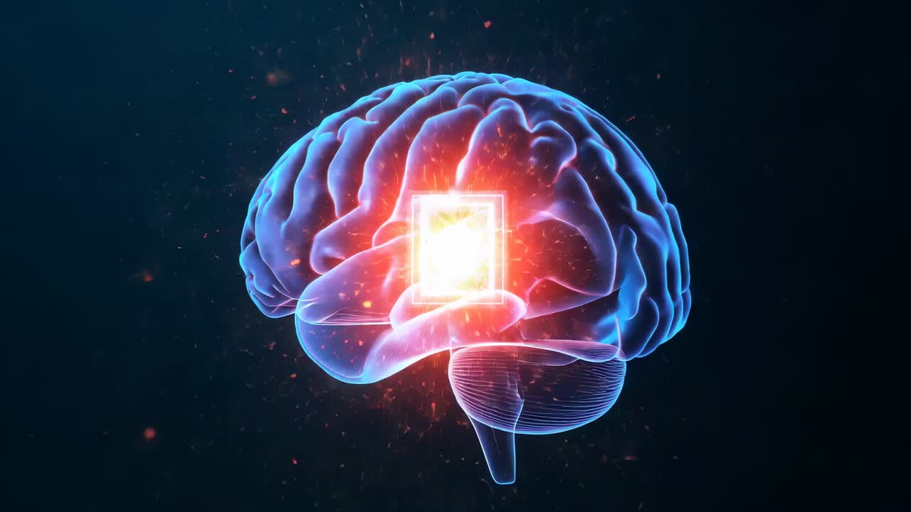 Forming bright square in holographic brain model rotating in void, pulsing orange-red particles