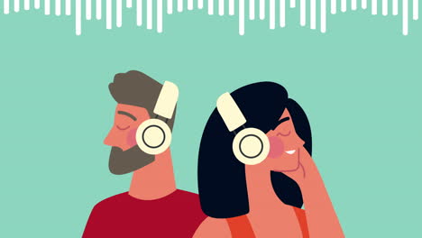 young couple using earphones characters