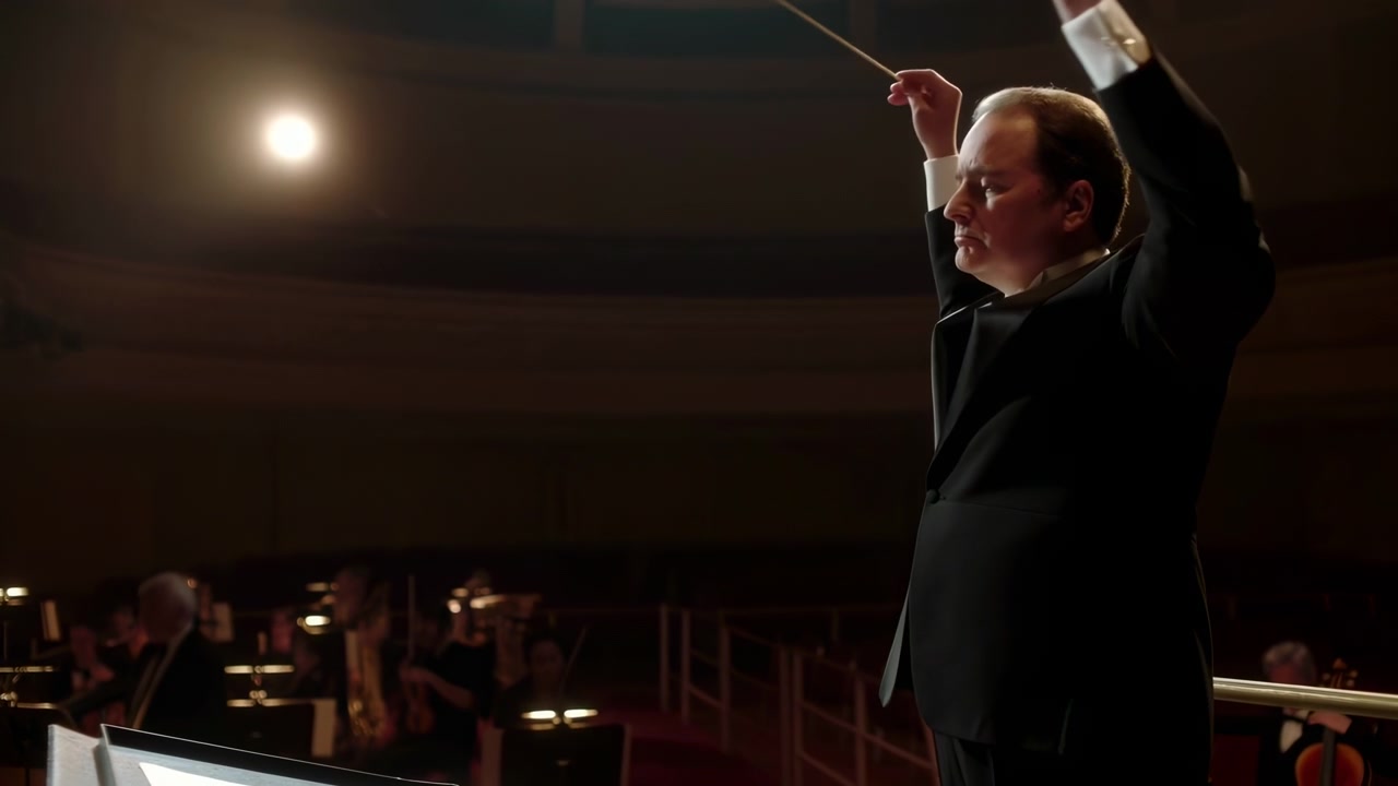 Un direttore d'orchestra concentrato dirige energicamente un'orchestra sul palco, circondato da musicisti e spartiti, su uno sfondo in bianco e nero con illuminazione naturale e uno sfondo pulito