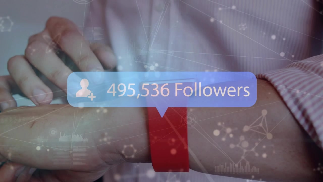 Person Using Smartwatch with Social Media Follower Count Overlay