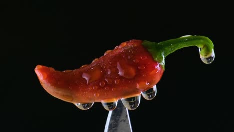 extreme closeup shot of a red chilli on top of a knife with black background