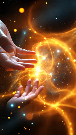 hands reaching out in a cosmic glow with vibrant orange energy