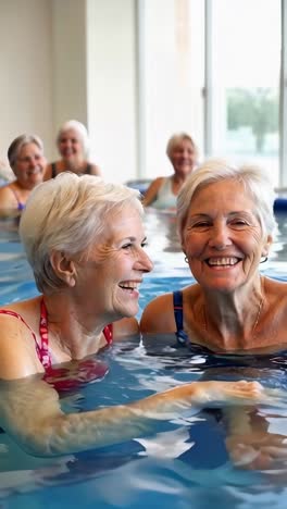 two senior women in a pool. they are smiling and enjoying themselves.