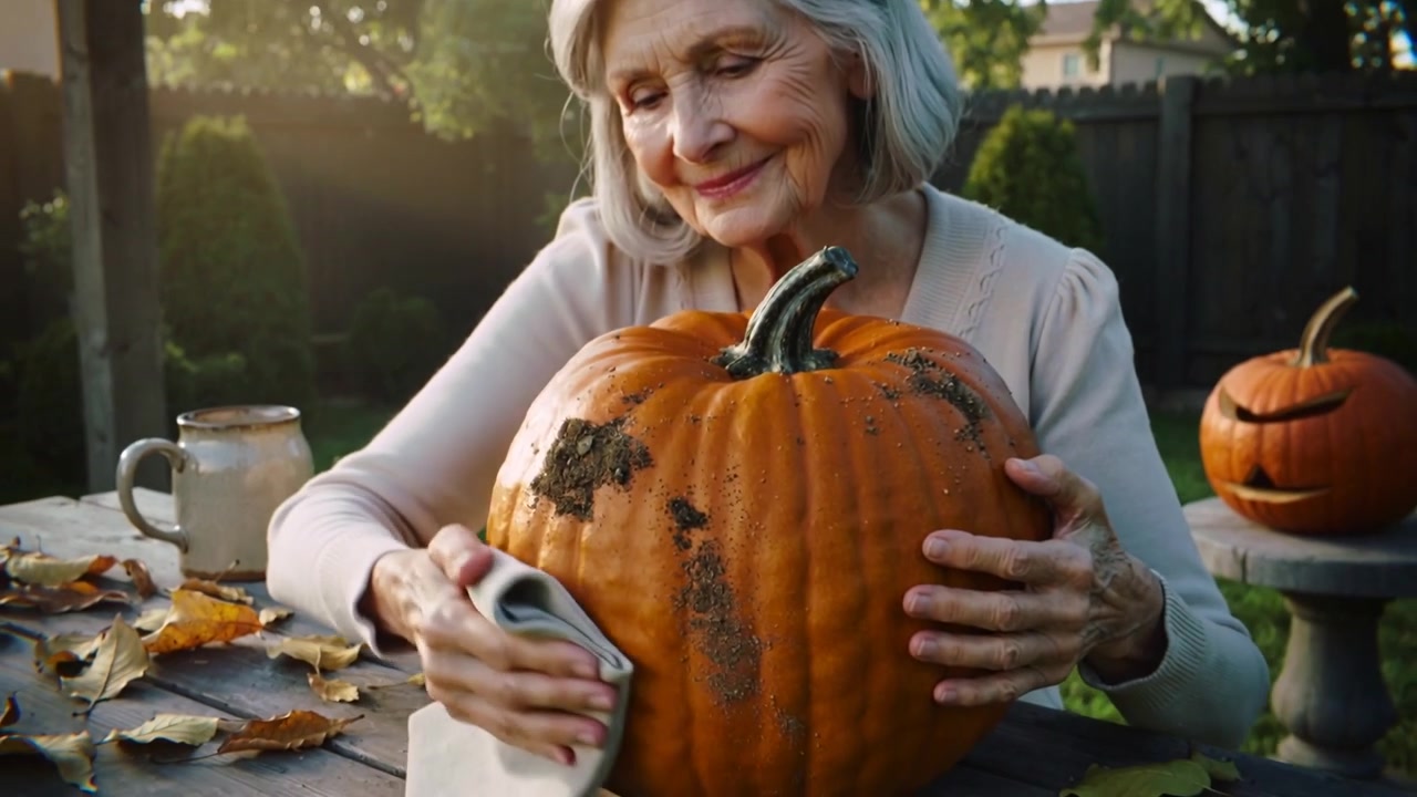 Frotando un paño, una mujer mayor con suéter limpia la tierra de una calabaza en una mesa de jardín.
