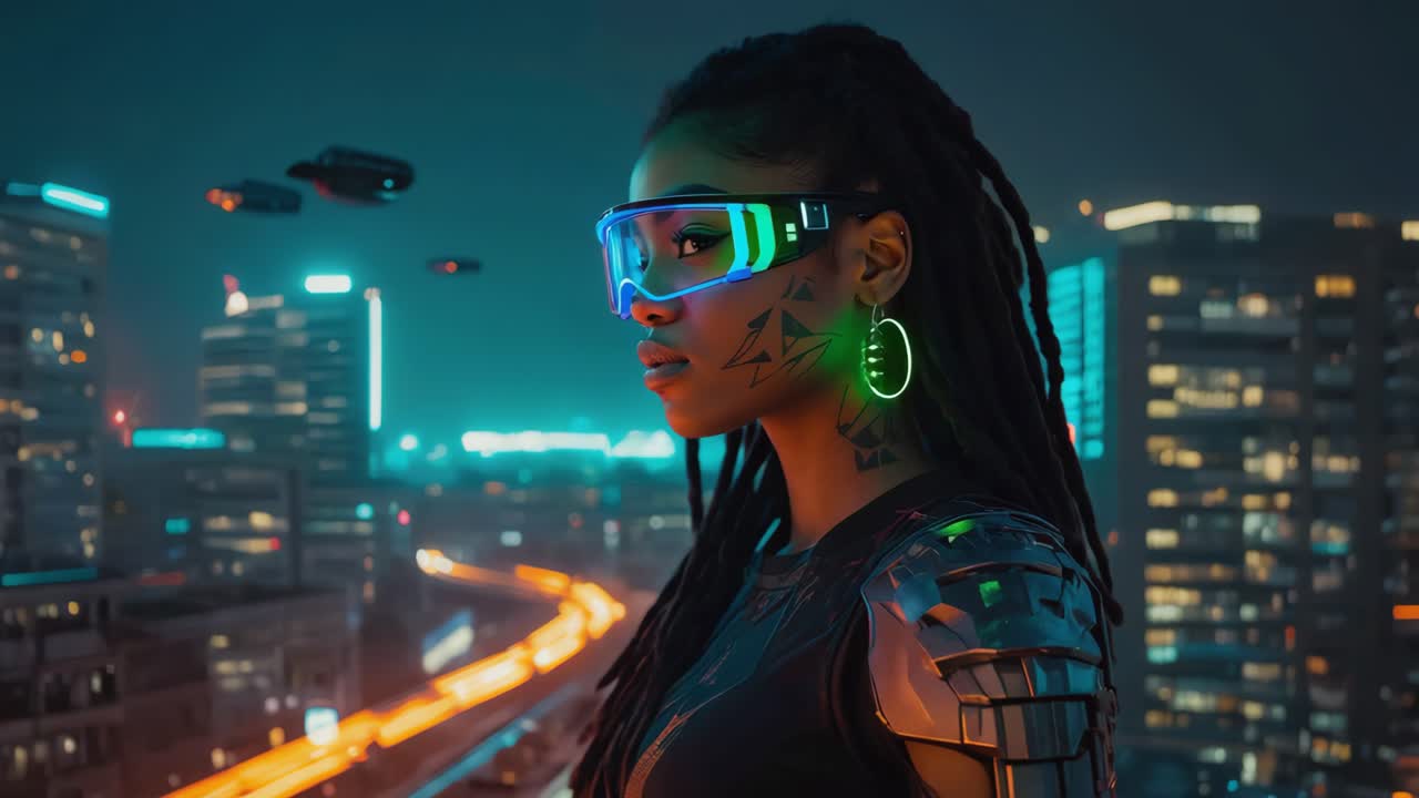 Cyberpunk-kvinde i futuristisk bybillede