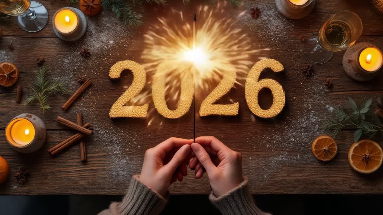 Hands holding a burning sparkler behind golden numbers 2026 on a wooden table with candles, orange slices, cinnamon sticks and festive decorations, celebrating New Year's Eve