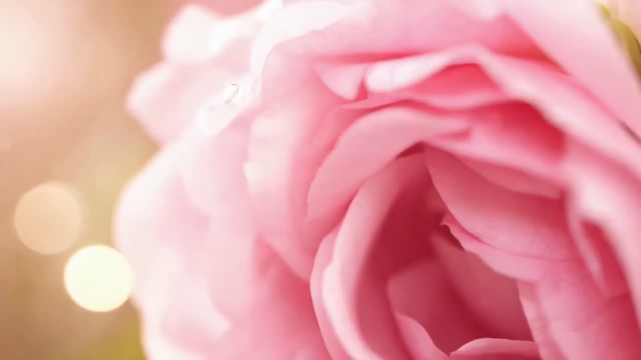 Video ravvicinato di una rosa rosa con messa a fuoco morbida e illuminazione calda, creando un'atmosfera sognante.