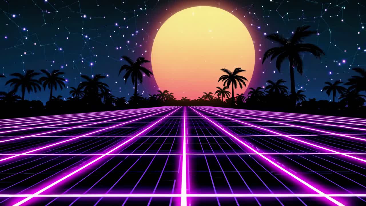 Retro-futuristic video scene with a low-angle view of a neon grid, silhouetted palm trees