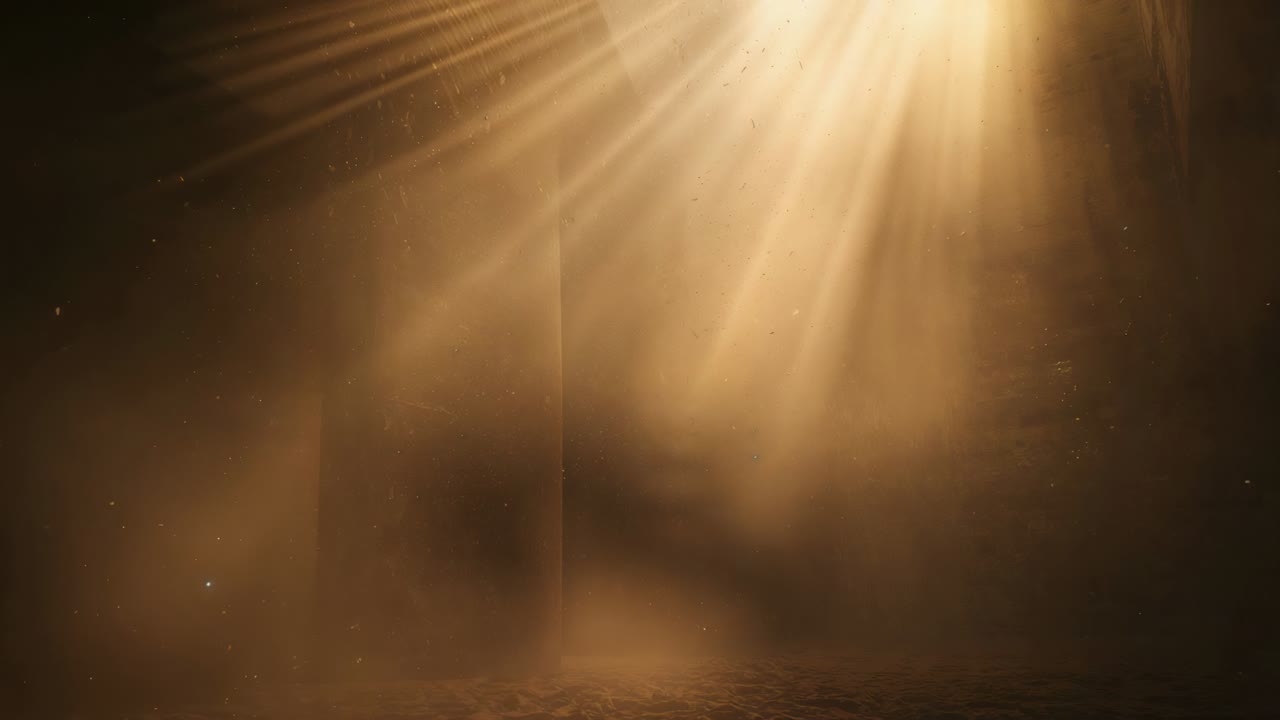 Fonte de luz dourada e quente, projetando raios pelo estúdio, iluminando a névoa e a poeira perto da junção