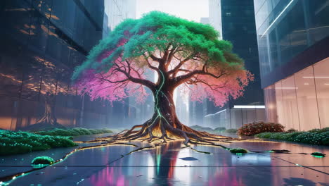 vibrant glowing tree in a modern cityscape