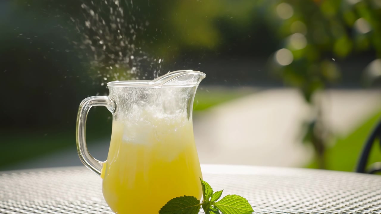 Una brocca di vetro trasparente piena di succo di agrumi giallo poggia su un tavolo intrecciato sotto una luce solare soffusa, con foglie di menta nelle vicinanze e un cubetto di ghiaccio sospeso sopra.