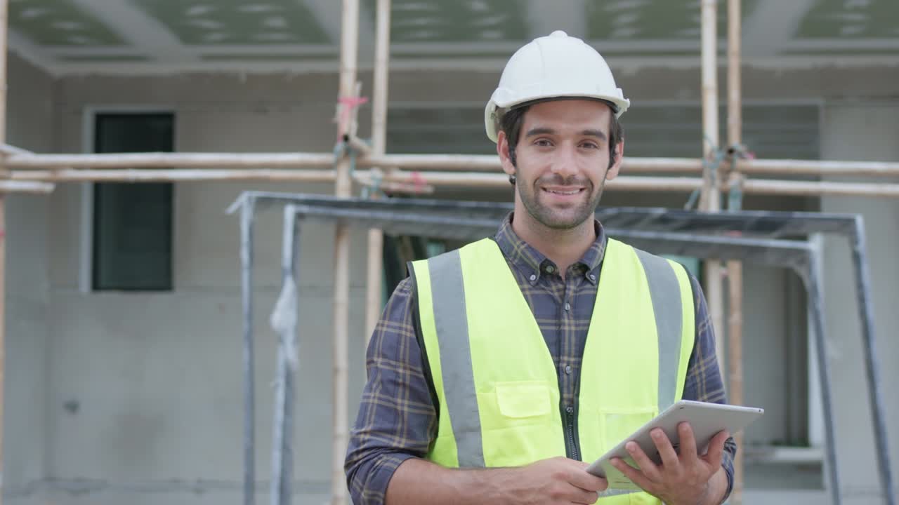 ingeniero civil profesional masculino o arquitecto usar casco de seguridad. mientras trabaja usando tableta lista de comprobación proyecto de construcción mirar la cámara con sonrisa en el sitio de construcción. concepto de bienes raíces.